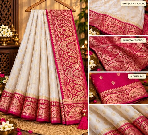 Soft & glossy crepe silk saree with a smooth, lightweight feel and beautifully flowy drape. Featuring rich woven zari floral motifs and an elegant detailed border .Blouse piece included. Slight variation in colour and design is possible.