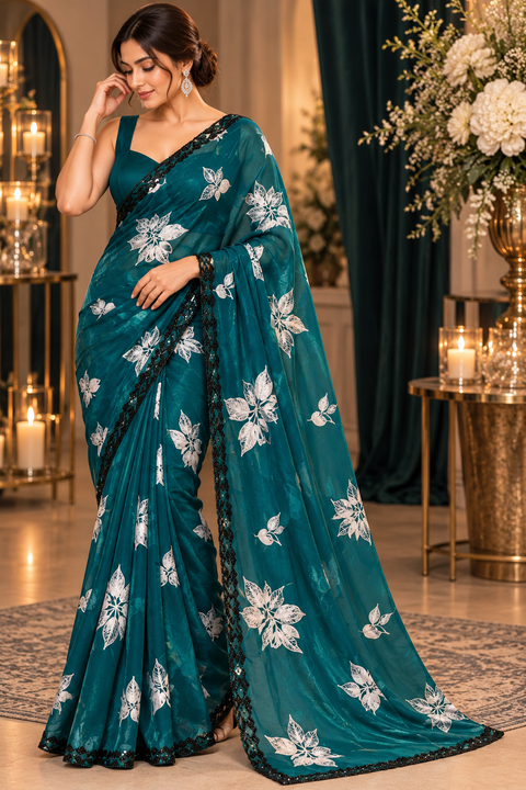 Fendi Silk Saree – Elegant floral print with beautiful black stone handwork border all around. Soft, stylish, two toned shiny. Matching blouse piece attached; model blouse is for reference only. Slight variation in colour/design is possible.