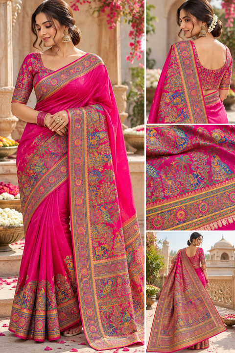 Elegant Hot Pink saree featuring rich multicolour traditional peacock, elephant and floral motifs with a beautifully detailed woven-style border and statement pallu. Blouse piece included. Slight variation in colour and design is possible.