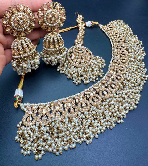 Original Polki stone with pearls beaded work beautiful necklace with jhumka and tikka set