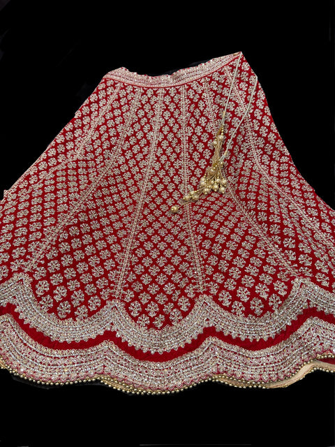 (Video attached) Dark Red colour velvet based lehnga with heavy handwork with stones & embroidery work fully heavy flared beautiful designer Readymade Bridal lehnga with very heavy embroidered netting dupatta with kamarbelt SIZE 42(UPTO 44)
