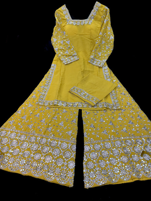 (Video clip attached) Yellow color Georgette based sequined and embroidery work kameez with sharara pants and Georgette dupatta