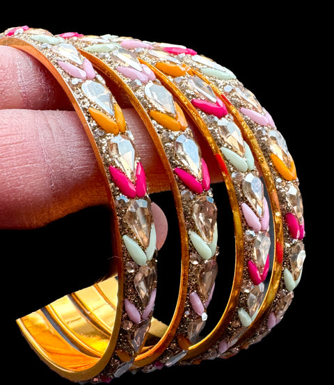 Beautiful fine jerkan stone with Crystal stone designer Brass bangles set (4 bangles in 1 set)(customised with plain Velvet or Metal Bangles )