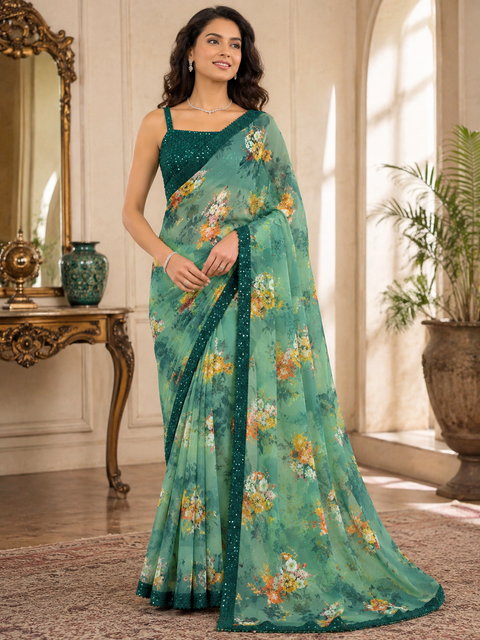 Elegant Floral Saree Set ✨ — Fully stitched sequin blouse included, saree is unstitched/normal drape style; slight variation in color and design is possible (blouse size 38 and can be altered upto 42)