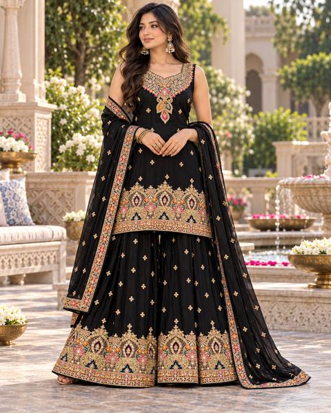 Beautiful georgette fabric outfit with full embroidery and mirror work all over the kameez. Paired with a loose circular palazzo and a matching dupatta with just a border. 
Slight variation in colour and design is possible