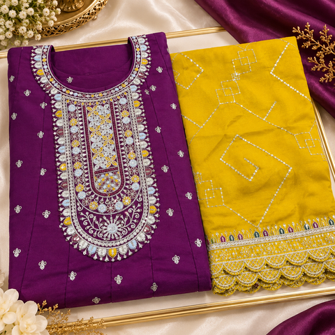 Rayon Silk/Georgette Silk Anarkali Suit featuring beautiful embroidery on the neckline and kurta, with a soft flattering flare & matching pants and a Chinon dupatta finished with elegant embroidery.Slight variation in colour and design is possible