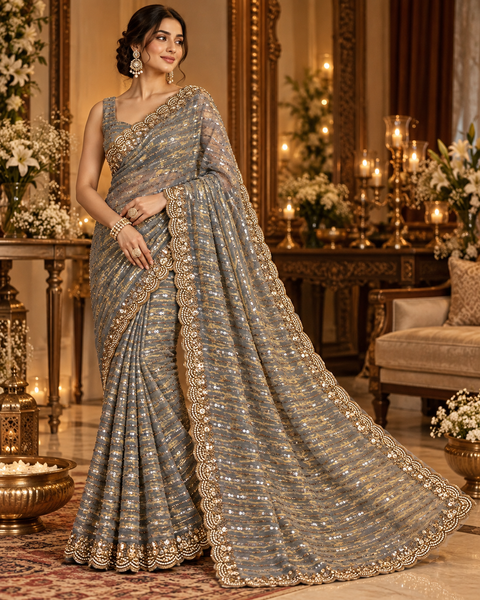 Grey & Gold Heavy Tissue Silk Saree – A luxurious Fendi silk and gold tissue blend featuring all-over sequin & hand work.Comes with an attached blouse piece,the blouse worn by the model is for reference only. Slight variation in colour & design may occur