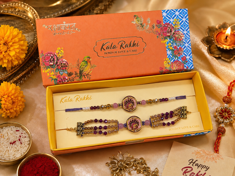 Beautiful Bhai-Bhabhi Rakhi Box featuring an elegant Rakhi and Lumba set with premium bead and stone detailing—perfect for celebrating Raksha Bandhan with love and tradition.