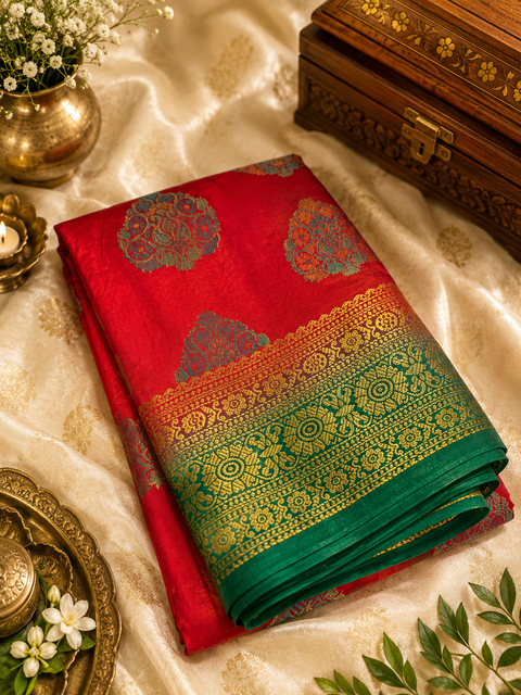 Art silk beautiful design Saree with contrast Pallu and Blouse , blouse piece is attached to Saree(slight variation in color and design is possible)