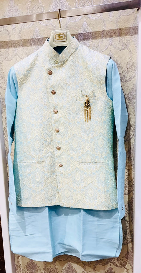 Brocade silk designer jacket with plain kurta and pants