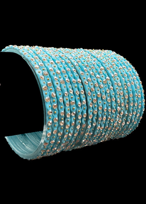 Lite Blue color Golden jerkan Stone beautiful Glass Bangles (1 Dozen in 1 pack ) Price per pack