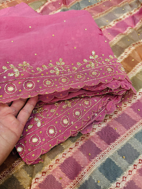 Pastel pink shades Organza silk based embroidery with handwork kameez with plain silk bottom fabric (2.75 mtrs) and chiffon silk heavy handwork dupatta