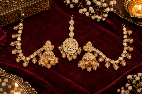 Golden Polki stone jhumka with Sahara & tikka set (slight variation in color and design is possible)