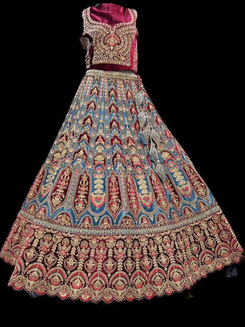 (Video Clip attached)Velvet based hand work with stones work two toned design Heavy Ken ken Bridal designer lehnga with heavy handwork blouse and two Dupatta , with netting and with velvet and heavy latkans
