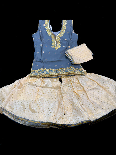 Dark grey with golden colour sharara suit with contrast dupatta