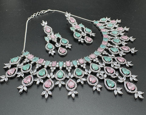 Pastel Mint & Pink crystals American Diamond beautiful necklace set with crystal American diamonds