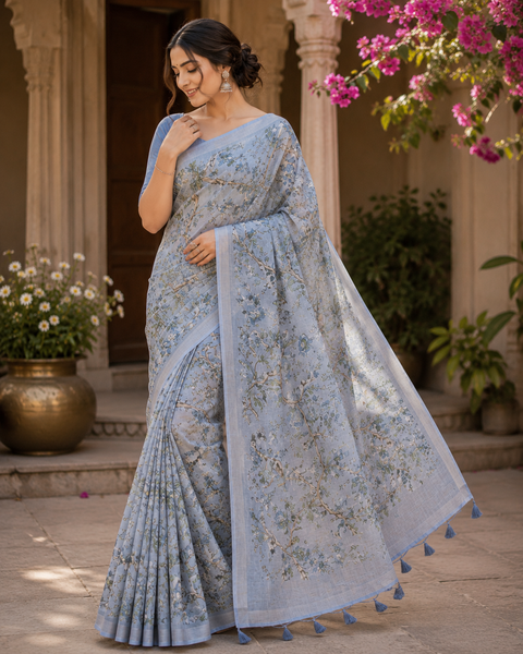 Chanderi Cotton Saree featuring an elegant all-over floral print with a beautifully detailed printed pallu.Blouse Worn By Model Is For Reference Purposes.Blouse Piece Is Attached Separately With The Saree. (Slight variation in color & design is possible)