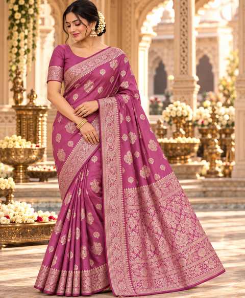 Luxuriously soft silk saree with a smooth, lightweight feel and beautifully flowy drape. Featuring rich woven zari floral motifs and an elegant detailed border .Blouse piece included. Slight variation in colour and design is possible.