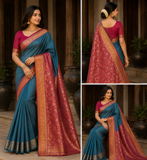 Beautiful Soft Silk Saree With Contrast Zari Border And Contrast Plain Blouse.Saree Comes With An Attached Blouse Piece. Model Blouse Is For Reference Only. Slight Variation In Colour And Design May Occur