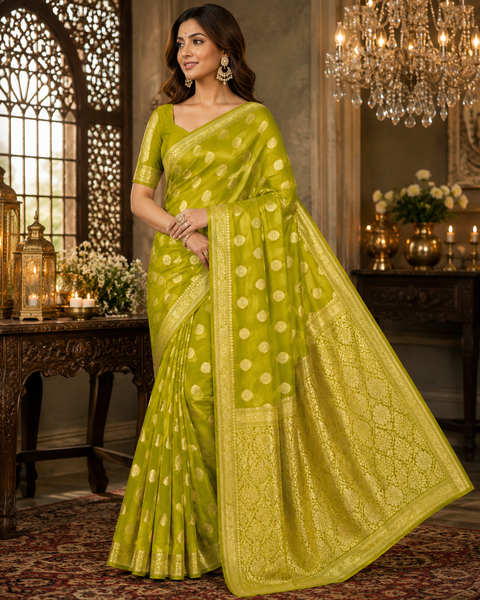 Very Soft Pure georgette chiffon based Beautiful zari work Banarasi look Saree(Blouse Shown Is For Reference Only. The Blouse Piece Is Included With The Saree As Unstitched Fabric)(slight variation in color and design is possible )