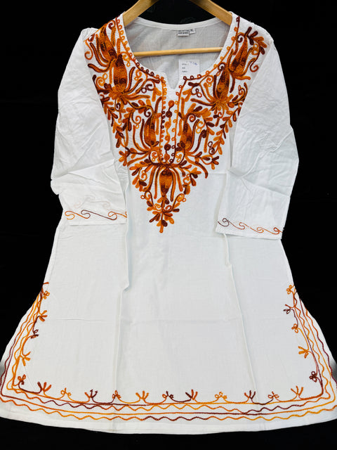 Embroidered Lucknow Chikankari White pure Cotton Short Kurti Top Tunic for Women