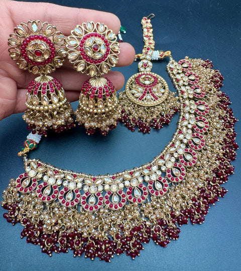 Original Polki stone with pearls beaded work beautiful necklace with jhumka and tikka set