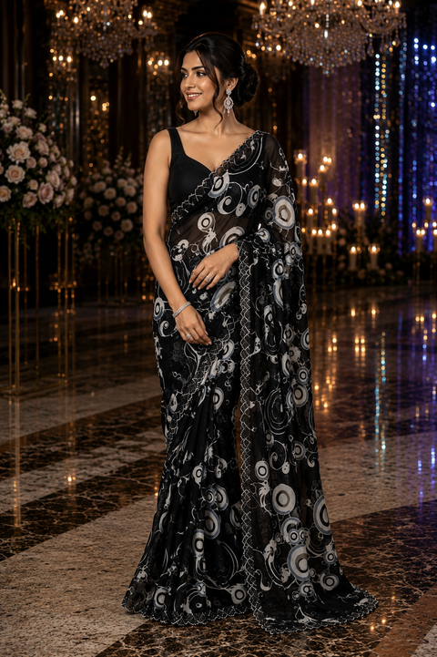 Beautiful black Stones work border design beautiful very soft Georgette Saree. The Blouse Worn By The Model Is For Reference Purposes Only. The Blouse Piece Is Attached Separately With The Saree. Slight Variation In Color And Design May Occur.