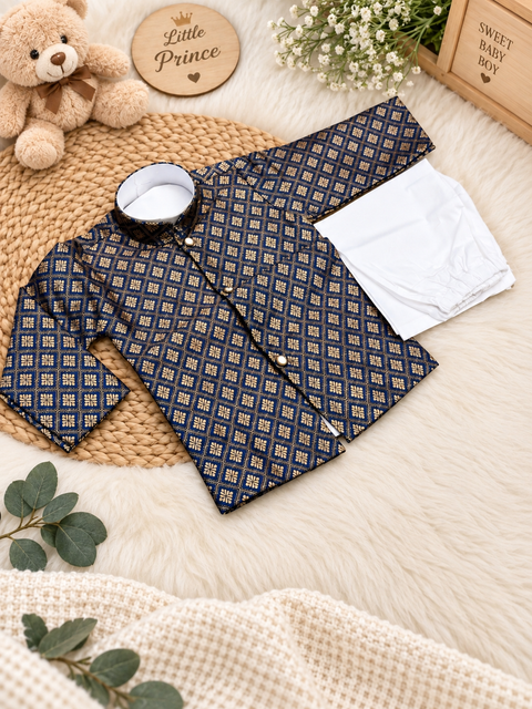Adorable Brocade Silk Newborn Kurta Pajama Set with soft inner lining, easy front-open kurta and matching elasticated pajama for comfortable wear.Kurta L 35 cm,Chest 25 cm,Sleeve 24 cm,Pajama L 33 cm. Slight variation in colour & design may occur