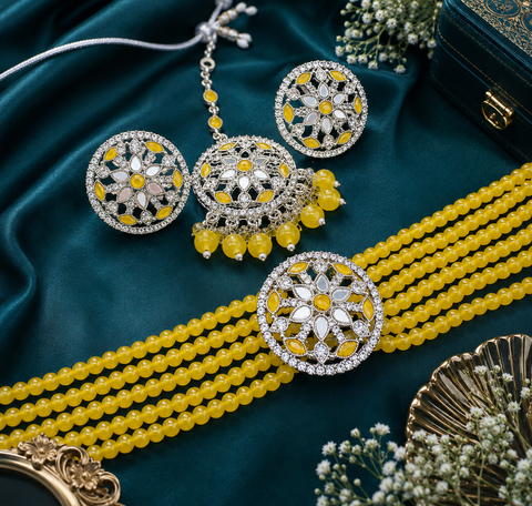 Mirrors with Jerkan fine stone with pearls beaded choker set with beautiful studs & tikka