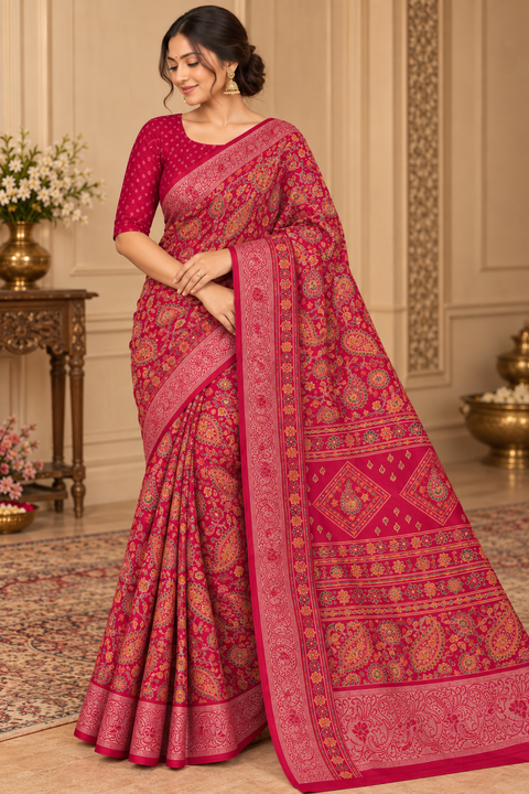 Soft Georgette Printed Saree – Lightweight and flowy with elegant all-over print and border. Matching blouse piece attached; model blouse is for reference only. Slight variation in colour/design is possible.