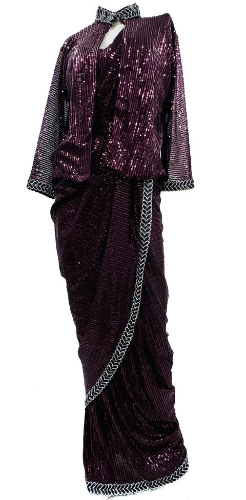 Size 40 (Upto 42) Sequinned work designer readymade blouse with handwork border and Readymade sequined work Saree with handwork border and designer waist belt with Designer sequined work Jacket