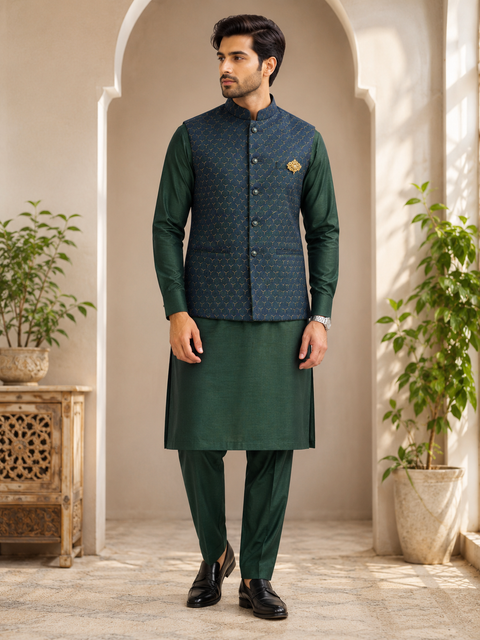 Elegant dark green kurta set paired with a premium textured Nehru jacket, designed for weddings, festive celebrations, and special occasions.
Slight variation in color and design may occur.