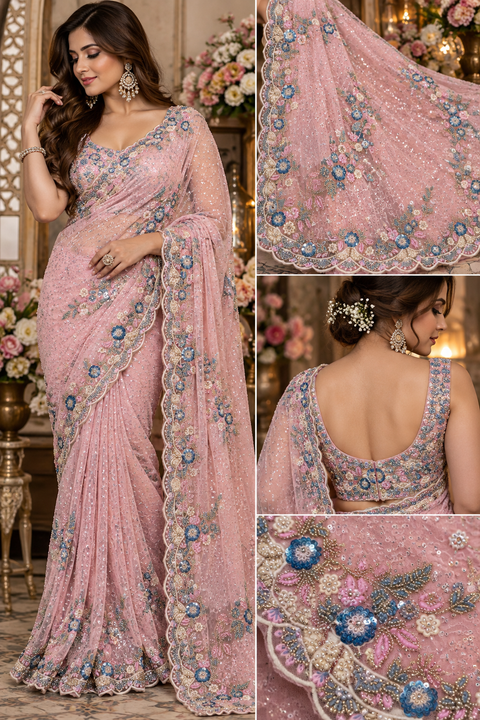 Elegant net saree intricate floral embroidery, shimmering sequins, beads and a beautifully detailed border.Comes with an attached embroidered blouse piece.Blouse worn by the model is for reference only. Slight variation in colour & design may occur