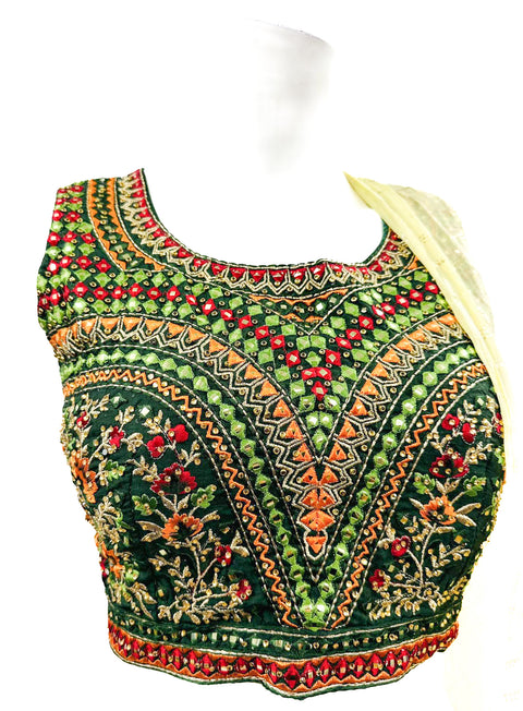 Embroidery with mirror work designer blouse with multicolour printed lehnga with netting dupatta