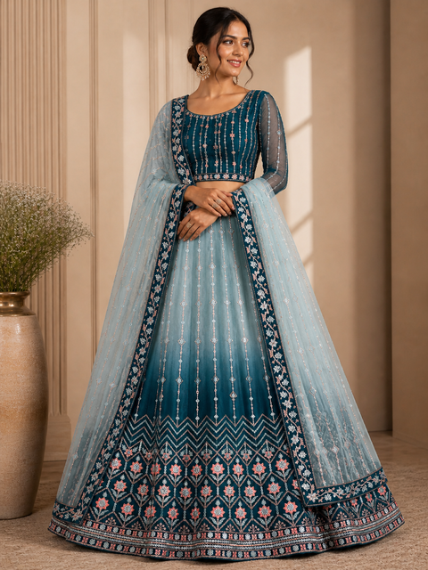 Ombré shades Netting based embroidery work multiflared beautiful lehnga with embroidery work design in blouse and embroidery dupatta (Unstitched Lehnga)