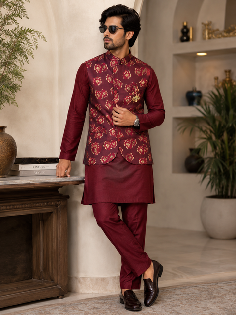 Maroon colour silk based kurta with pants  & brocade jacket (slight variation in color and design is possible)