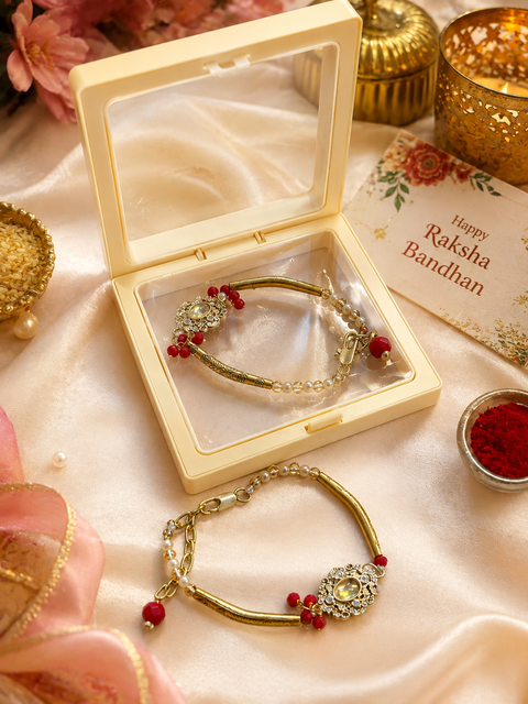 Beautiful Bhabhi Rakhi Bracelet featuring elegant pearl detailing, golden accents and delicate beads. A stylish and graceful Raksha Bandhan piece for your Bhabhi.