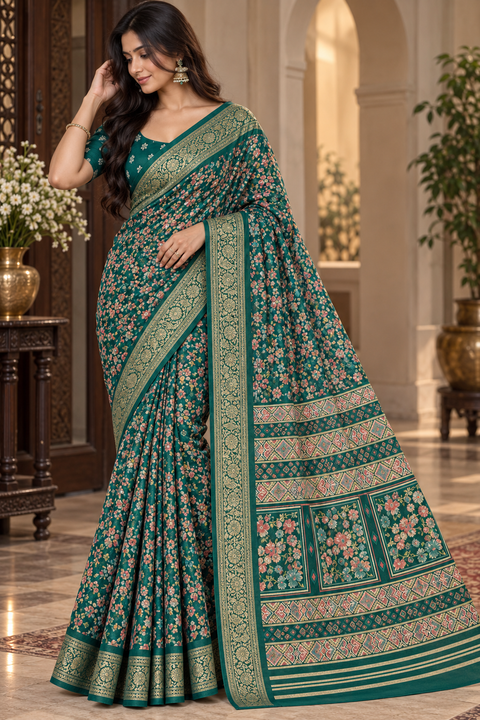 Soft Georgette Printed Saree – Lightweight and flowy with elegant all-over print and border. Matching blouse piece attached; model blouse is for reference only. Slight variation in colour/design is possible.