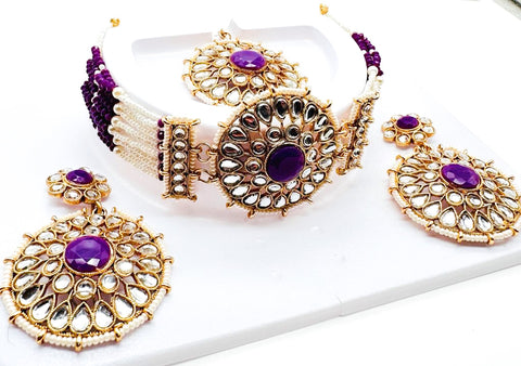 Pearls beaded with Kundan stone beautiful choker necklace with Earrings & Tikka