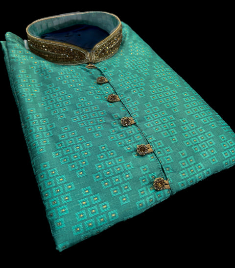 Soft Silk based Heavy brocade work with stone work buttons and neck design , designer Kurta with golden Pajama
