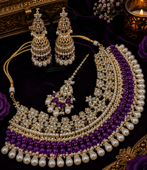 Kundan studded & pearls work designer heavy work Necklace set with beautiful Earrings & Tikka