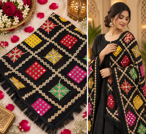 Beautiful embroidered Phulkari dupatta adorned with colourful traditional motifs and delicate mirror work.Slight variation in color and design is possible