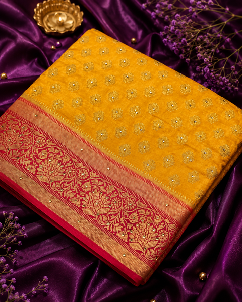 Premium Art Silk Saree Featuring Elegant Zari Weaving & Stone Work Throughout; Saree Comes With An Attached Blouse Piece. Model Blouse Is For Reference Only. Slight Variation In Colour And Design May Occur