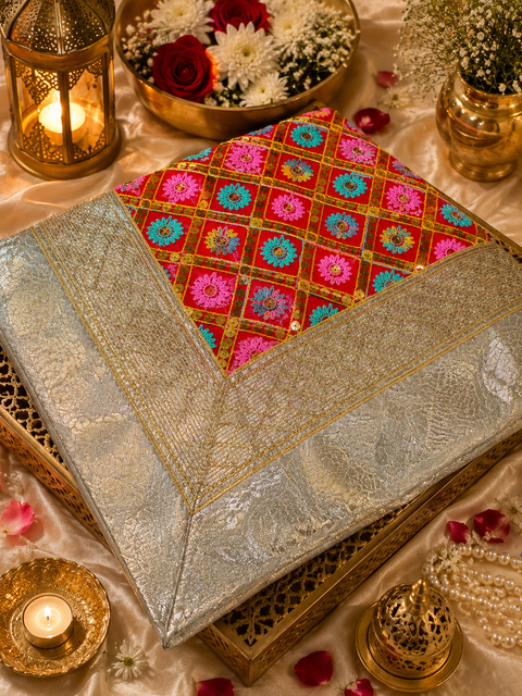 Red color Premium Rumala Sahib adorned with vibrant floral embroidery, mirror-sequin detailing, and an exquisite woven zari border. A perfect blend of traditional artistry, elegance, and devotion. (Double Set With Palkan) Palkan