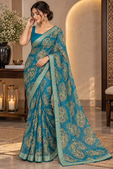 Soft Georgette Printed Saree – Lightweight and flowy with elegant all-over print and border. Matching blouse piece attached; model blouse is for reference only. Slight variation in colour/design is possible.