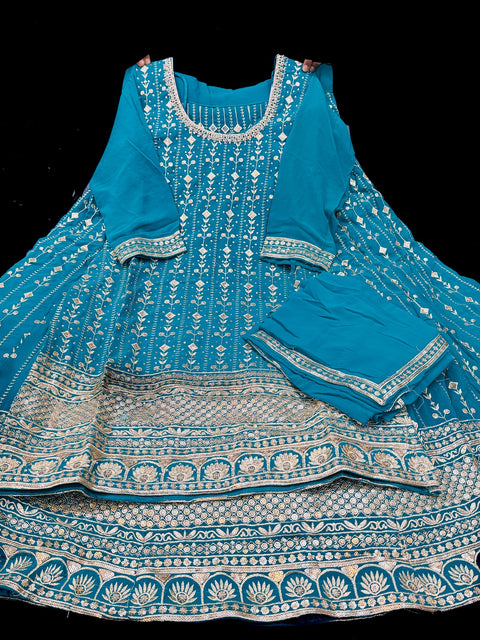 Georgette based All over embroidery with sequined work heavy design long kameez with heavy work multiflared lehnga and georgette dupatta