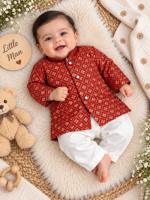 Adorable Brocade Silk Newborn Kurta Pajama Set with soft inner lining, easy front-open kurta and matching elasticated pajama for comfortable wear.Kurta L 35 cm,Chest 25 cm,Sleeve 24 cm,Pajama L 33 cm. Slight variation in colour & design may occur
