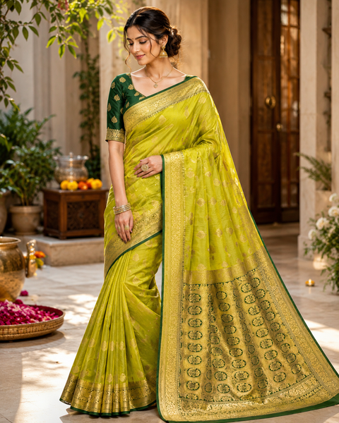 Art silk beautiful design Saree with contrast Pallu and Blouse , blouse piece is attached to Saree(slight variation in color and design is possible)
