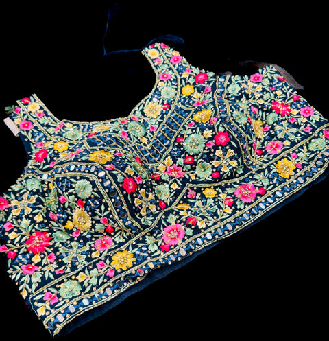 Georgette based embroidery with hand work crop top designer blouse with lehnga and Georgette dupatta