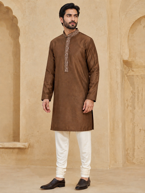 Dark brown colour raw silk kurta with pajama pants (slight variation in color and design is possible )